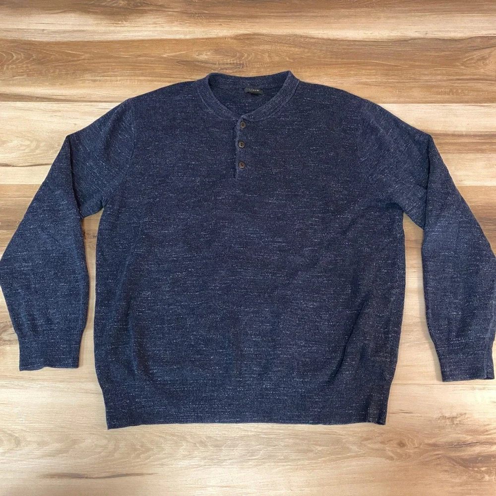 J. Crew Sweater Mens Large Navy Blue Marled Knit Henley 100% Cotton